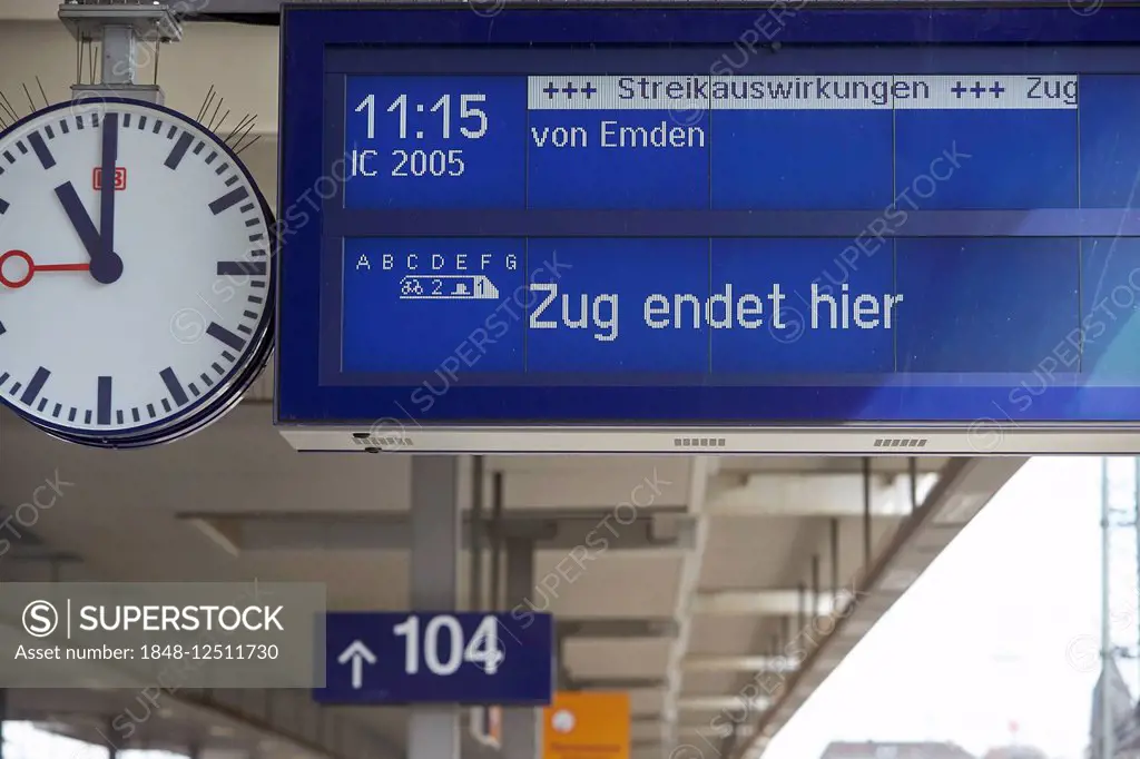 Information screen at the main train station, trains cancelled due to strike, Koblenz, Rhineland-Palatinate, Germany