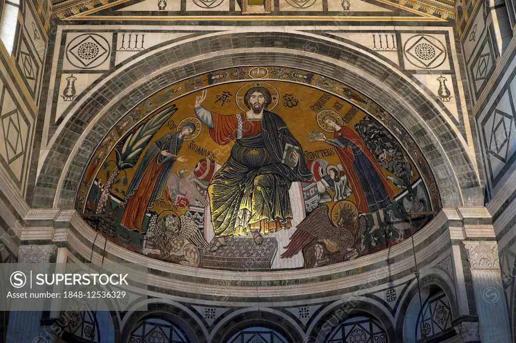 Mosaic of Christ with Mary and St. Minias in the San Miniato al Monte Church, Florence, Tuscany, Italy
