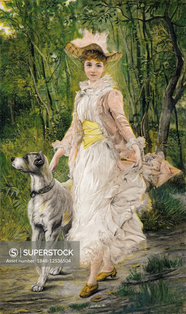 A young woman and her dog, coloured woodcut, c. 1895 , after Joszi Arpad Koppay