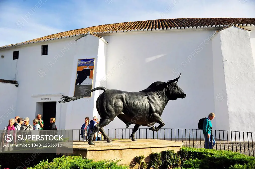 Bull sculpture in front of the bullring, Ronda, Andalucía, Spain