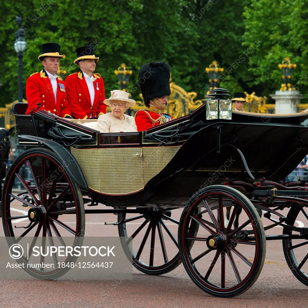 Carriage with Queen Elizabeth II. and Prince Philip, Duke of Edinburgh, Trooping the Colour, annual military parade to celebrate the birthday of Queen...