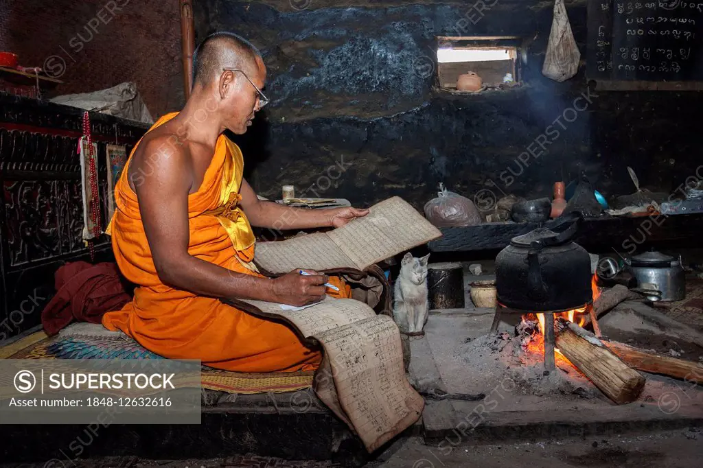 Buddhist monk, abbot, reading scripts, Wan Nyet Buddhist monastery, near Kyaing Tong, Golden Triangle, Myanmar