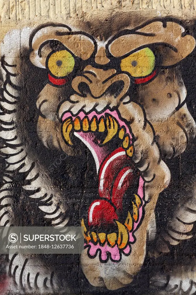 Giant ape with open mouth, monster, graffiti, street art, Duisburg, North Rhine-Westphalia, Germany