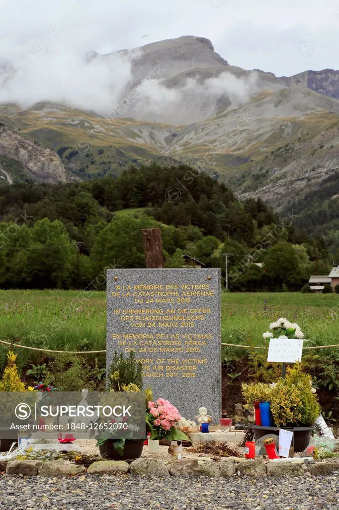 Memorial in the French Alps, Airbus A320, Germanwings, crashed at the foot of the mountain massif Les Trois Évêchés on March 24, 2015, Le Vernet, Alpe...