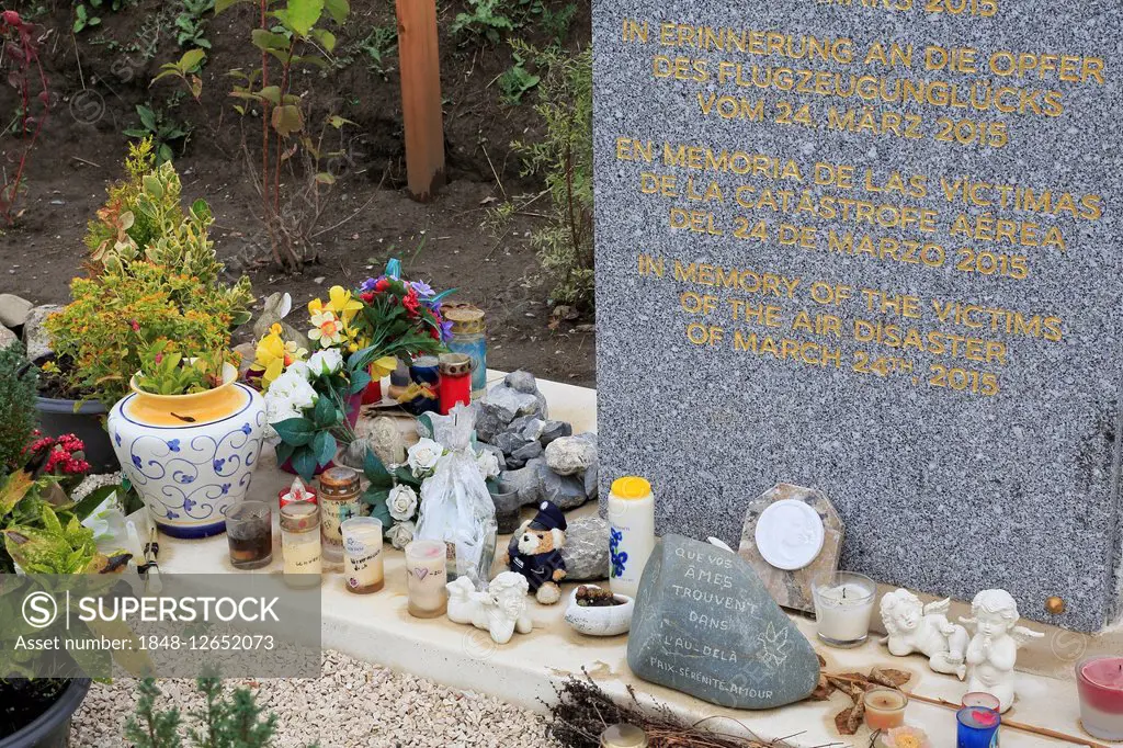 Memorial in the French Alps, Airbus A320, Germanwings, crashed at the foot of the mountain massif Les Trois Évêchés on March 24, 2015, Le Vernet, Alpe...