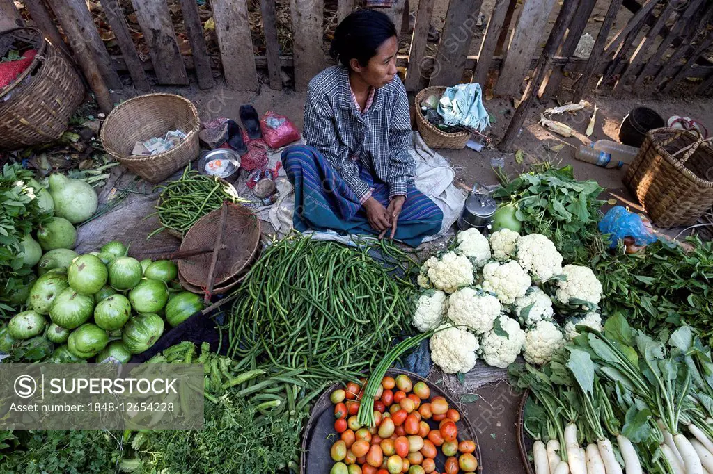 Market, vegetable market, indigenous woman selling vegetables, Mandalay Division, Bagan, Mandalay Division, Myanmar