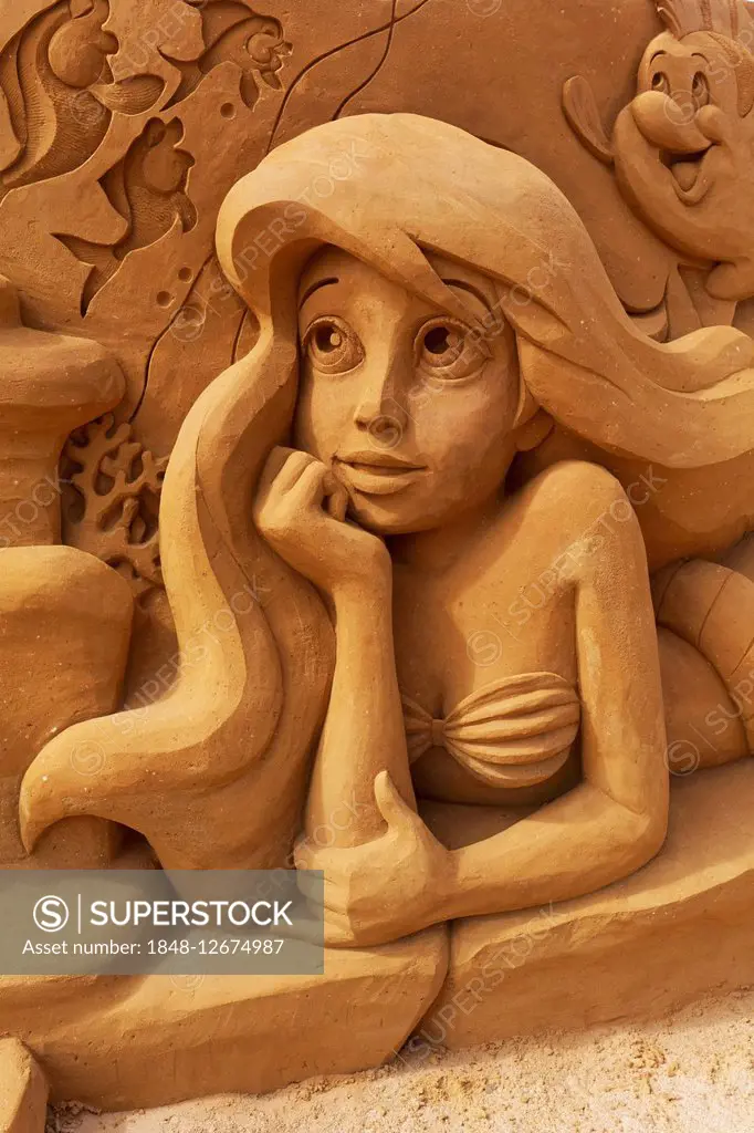 Woman with long hair, sand sculpture, mermaid from the Disney cartoon  Arielle sand sculptures festival Frozen Summer Sun, Oostende, West  Flanders, Bel - SuperStock