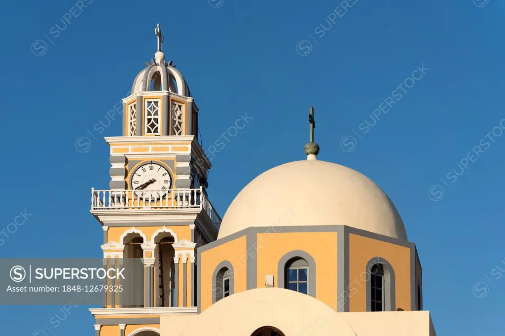 Dome and church-tower of the Catholic Cathedral of St. John the Baptist, Fira, Santorini, Greece