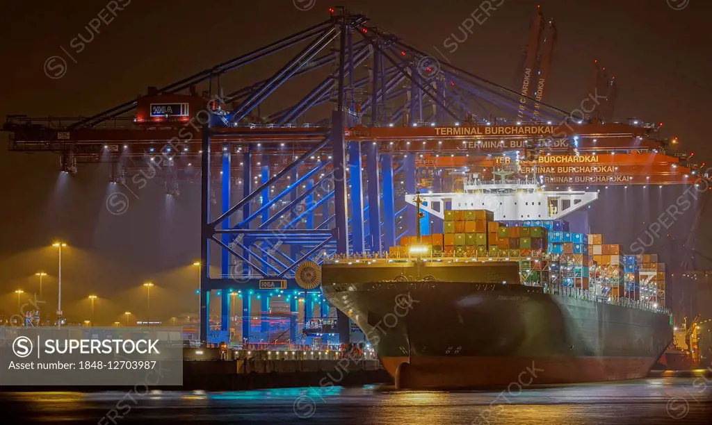 Container ship in the container terminal, port, Hamburg, Germany