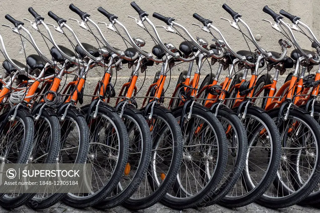 Bikes, bicycles, lined up in a row, Munich, Bavaria, Germany