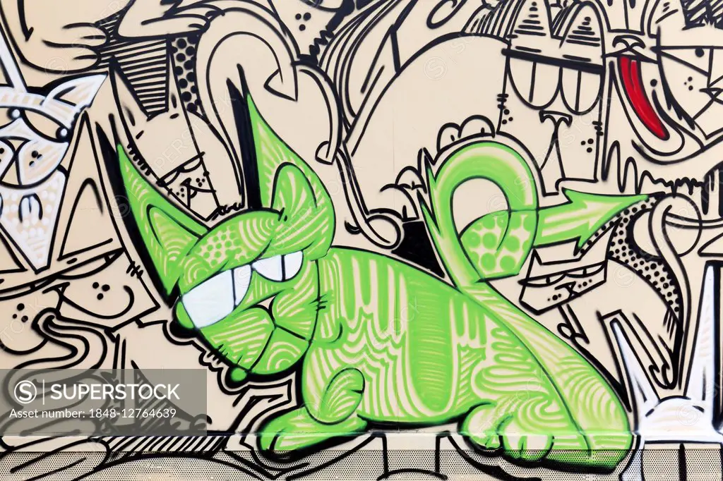 Green cat with grumpy face, graffiti, street art, urban art, Dusseldorf, North Rhine-Westphalia, Germany