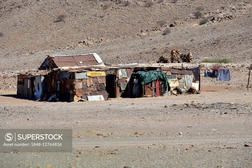 Corrugated iron hut on roadside, Namib Naukluft, Namibia