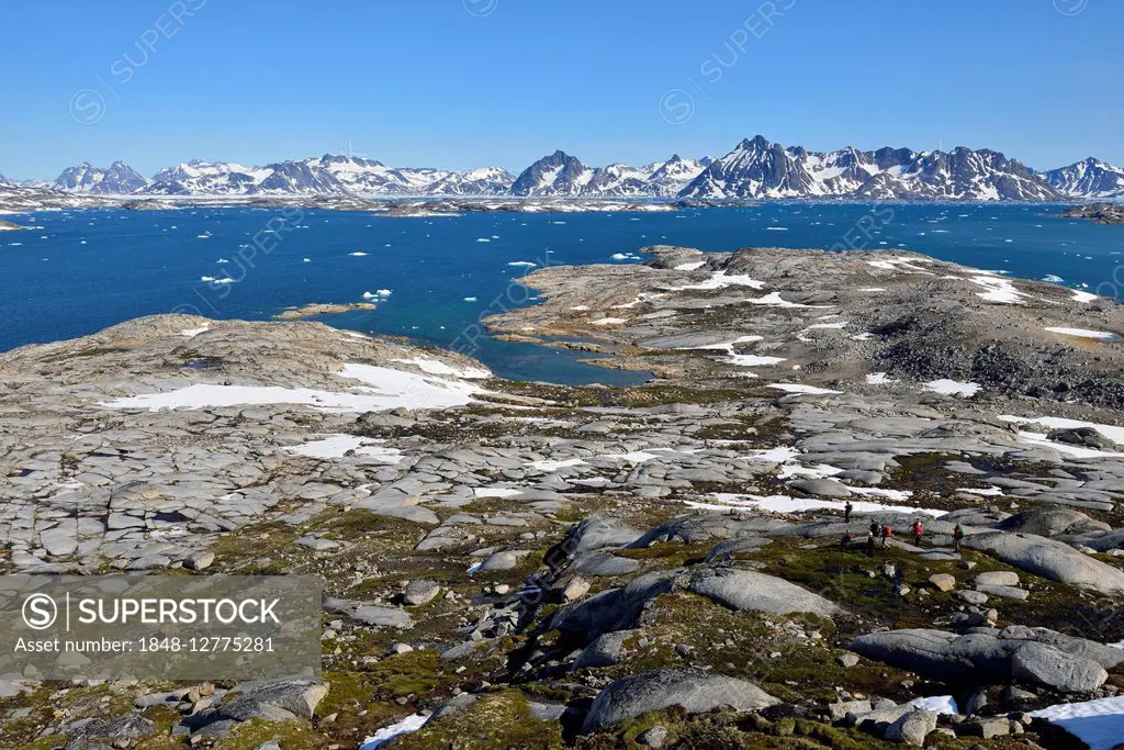 Group of people, hikers, overlooking Ammassalik Fjord, Kalaallit Nunaat, East Greenland