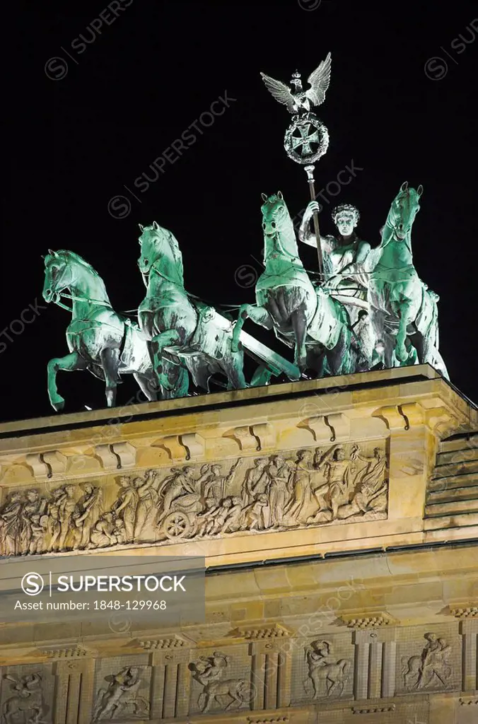 Illuminated sculpture Quadriga at Brandenburger Tor, Berlin, Germany