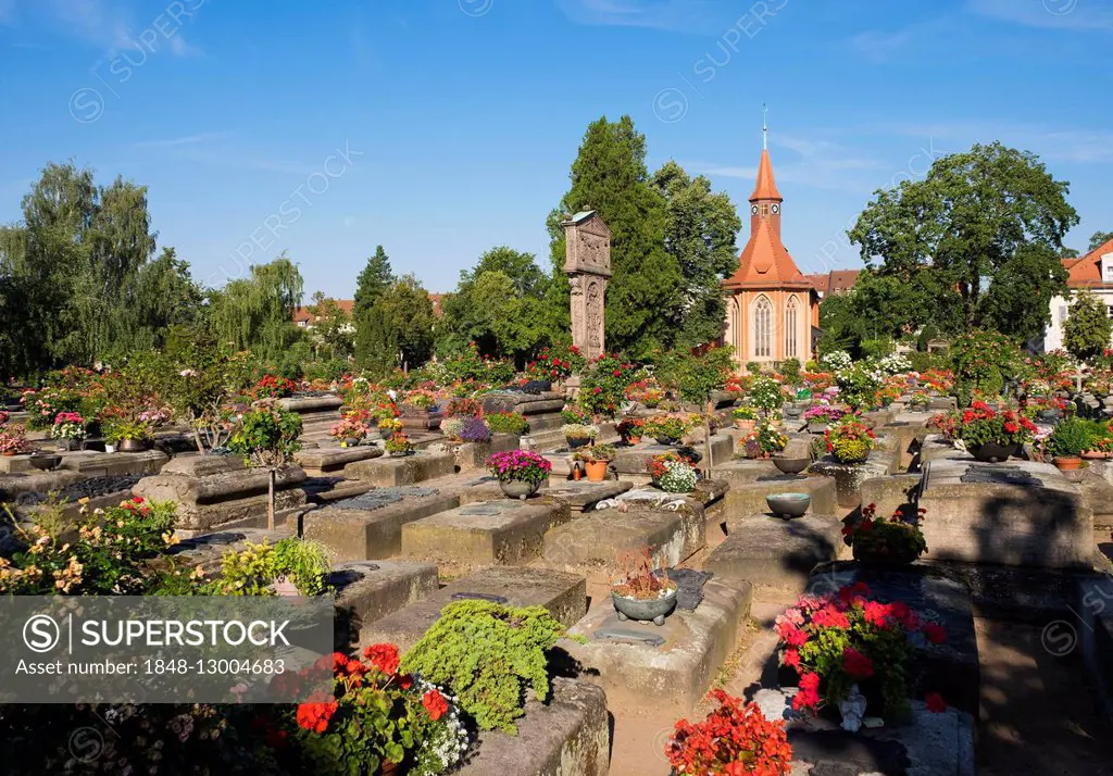 Old graves at the St. Johannis cemetery with St. John's Church, St. Johannis district, Nuremberg, Middle Franconia, Franconia, Bavaria, Germany