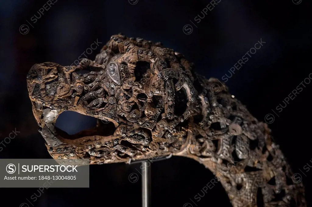 Wooden carved animal head post, archaeological find from the Oseberg Ship grave, Viking Ship Museum, Vikingskiphuset, Bygdoy, Oslo, Norway