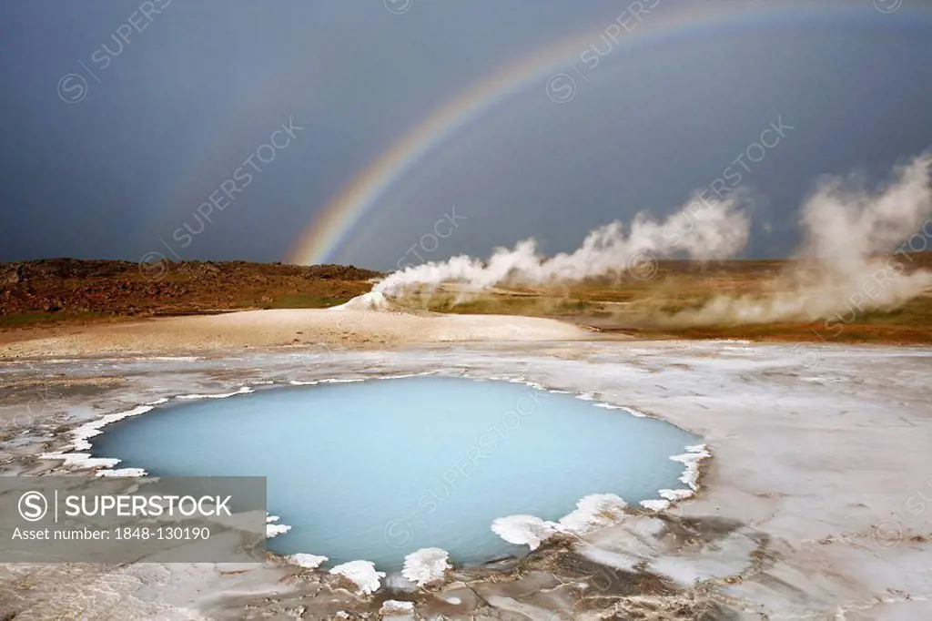 Bláhver, blue spring, the most beautiful blue water pool in Hveravellir in the Highlands, in front of Oeskjuholt, a steaming calc-sinter mound which l...