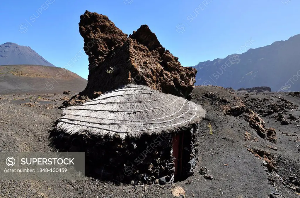 Traditional hut, Cha das Caldeiras, Pico de Fogo Volcano, Fogo Island, Cape Verde Islands, Africa