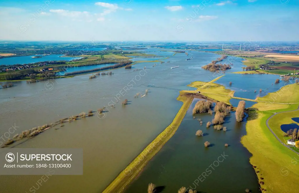 Aerial view of the Rhine floods, Wesel, Niederrhein, North Rhine-Westphalia, Germany