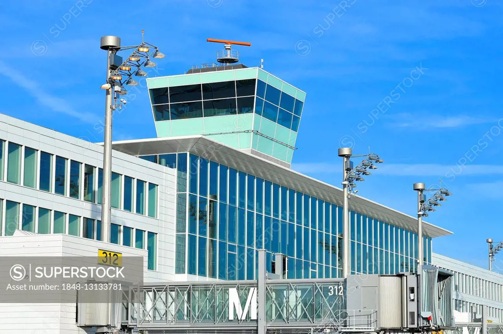 Tower with satellite, Terminal 2, Munich Airport, Munich, Upper Bavaria, Bavaria, Germany
