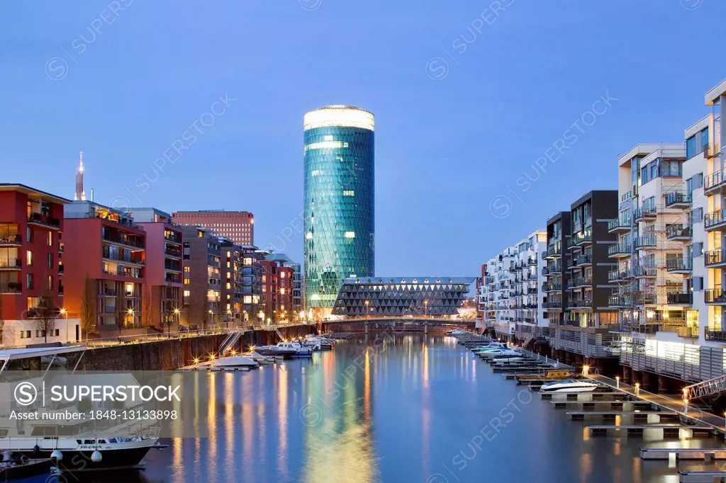 Residential and office buildings in the Westhafen harbor, behind Westhafen Tower, Frankfurt, Hesse, Germany