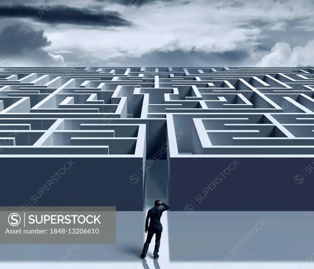 Man in front of labyrinth, symbolic image, computer graphics