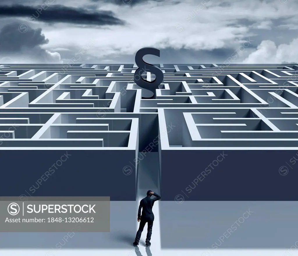 Man in front of labyrinth; In the middle symbol Paragraph, symbolic image for complicated law, computer graphics