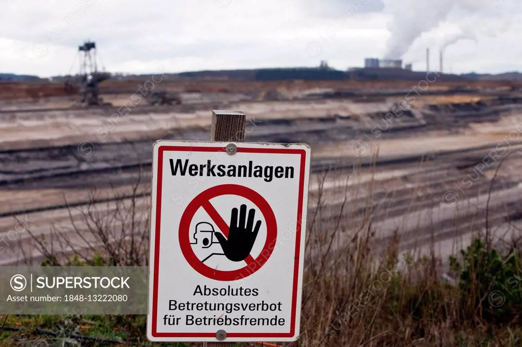 Warning Sign Inden opencast mine, lignite mining, Inden, Rhenish lignite mining area, North Rhine-Westphalia, Germany, Europe