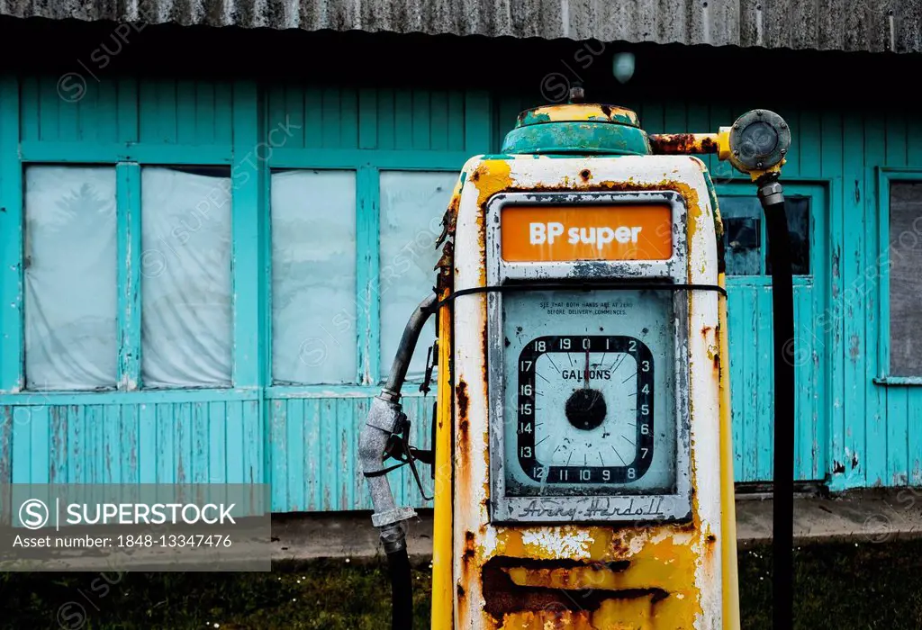 Old petrol pump, nostalgic gas pump, Brora, Highland, Scotland, United Kingdom