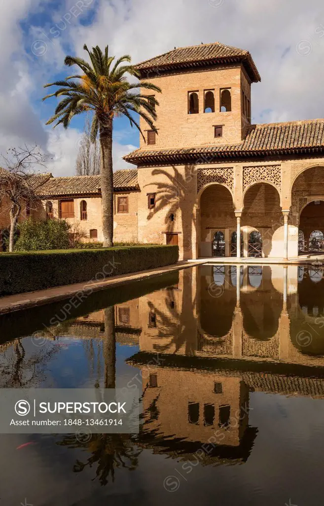 Portico del Partal with the Torre de las Damas, Ladies Tower, Alhambra palace, Granada, Granada province, Andalusia, Spain