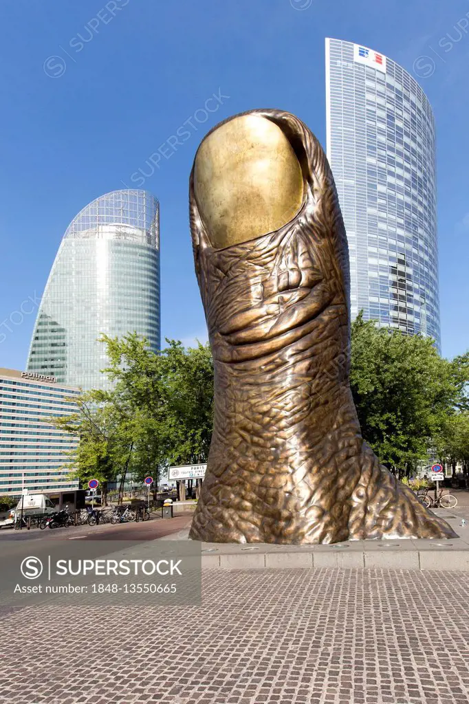 Le Pouce, giant thumb sculpture, artist César Baldaccini, skyscrapers, La Defense business district, Hauts-de-Seine, Paris, France