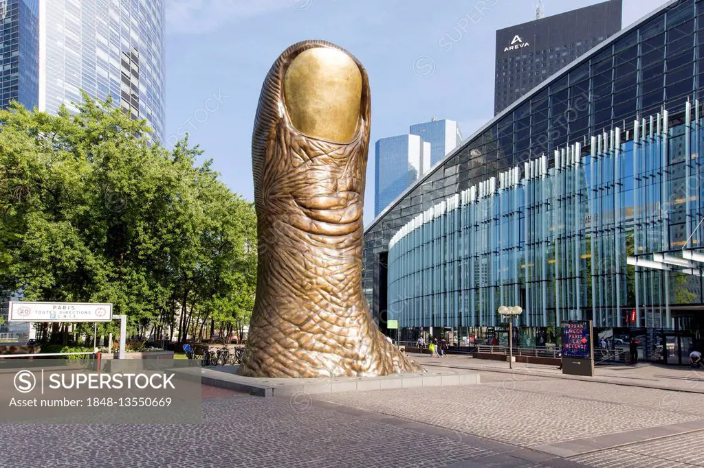 Le Pouce, giant thumb sculpture, artist César Baldaccini, skyscrapers, La Defense business district, Hauts-de-Seine, Paris, France