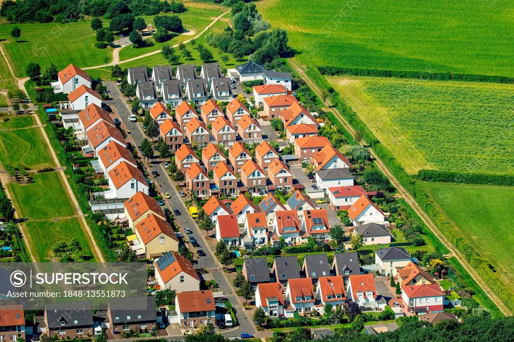 Aerial view, detached houses, new housing estate, Zweckel, Gladbeck, Ruhr district, North Rhine Westphalia, Germany