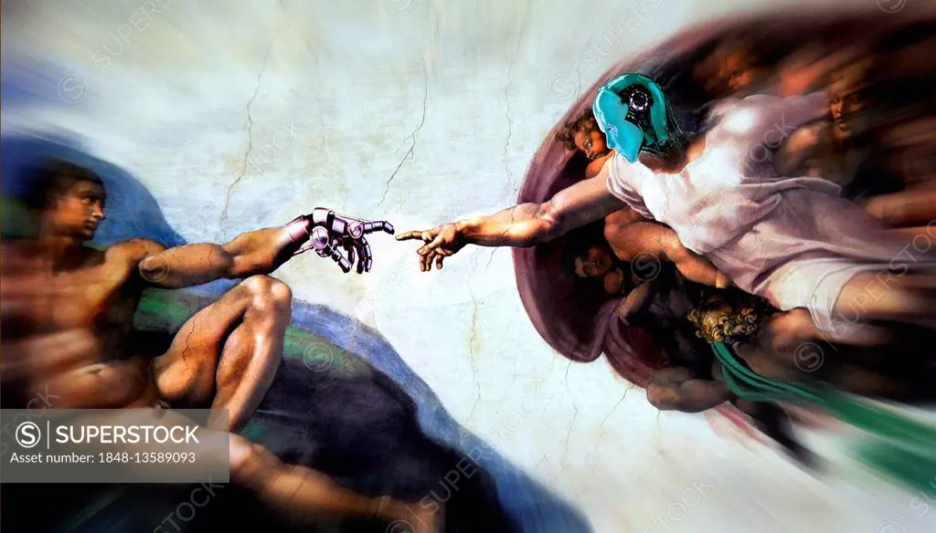 The Creation of Adam, Michelangelo, composed with robot hand and head