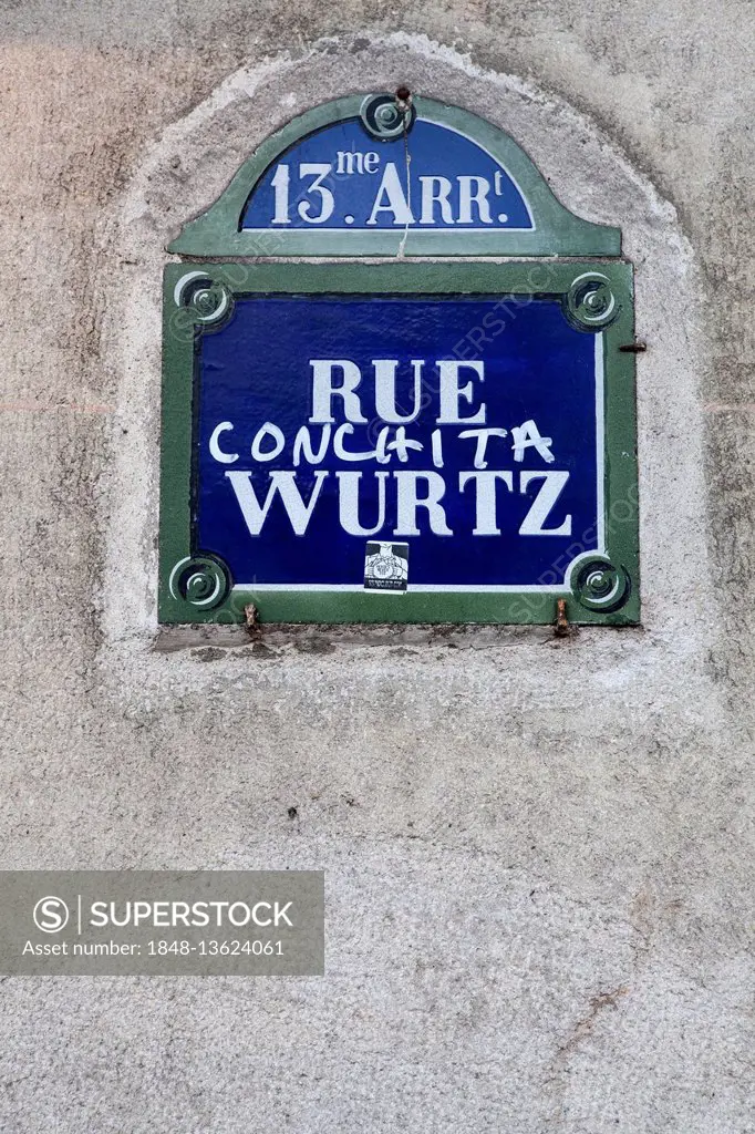 Painted streetsign Rue Wurtz, Conchita Wurst, Paris, France