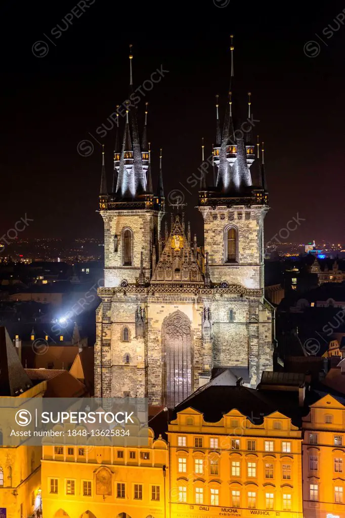 Tyn Church, view from Old Town Hall at night, historic centre, Prague, Czech Republic