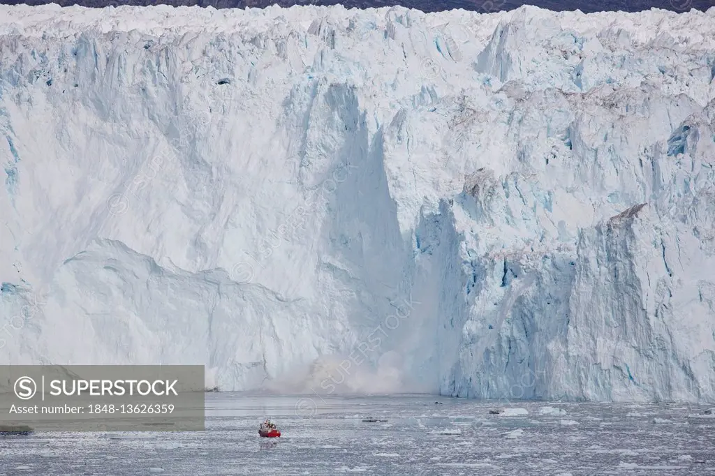 Eqi glacier, break-off edge with tourist boat, Disko Bay, West Greenland, Greenland