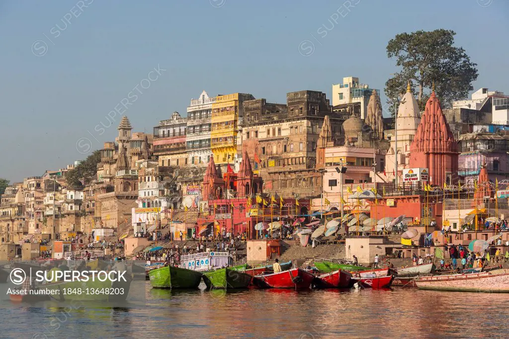 Ghats and boats on Ganges, Varanasi, Uttar Pradesh, India