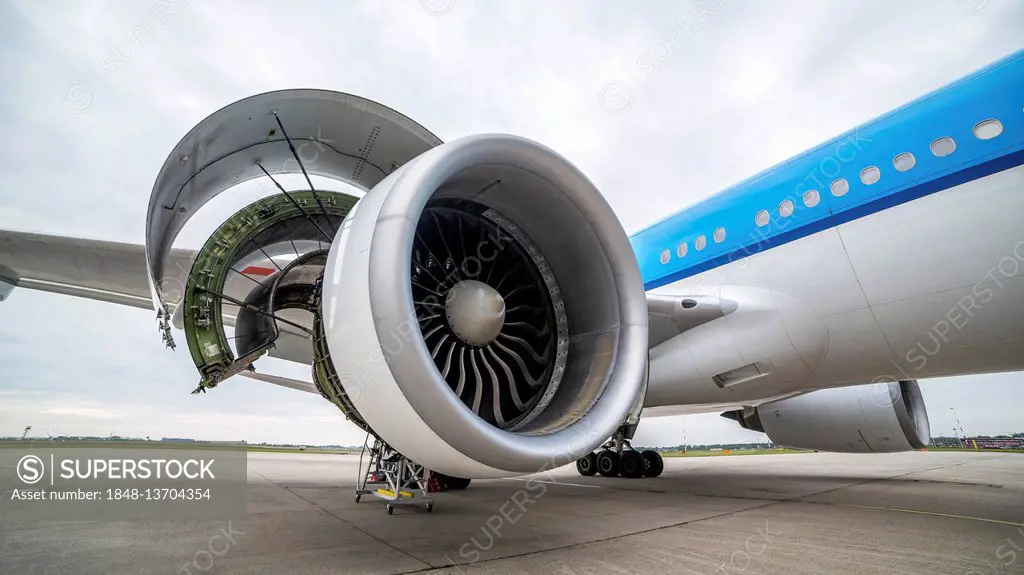 Side view of airplane's engine during maintenance, Schiphol Airport, Amsterdam, Netherlands