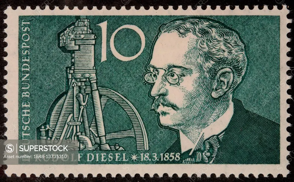 German stamp, portrait of the German inventor and mechanical engineer Rudolf Diesel
