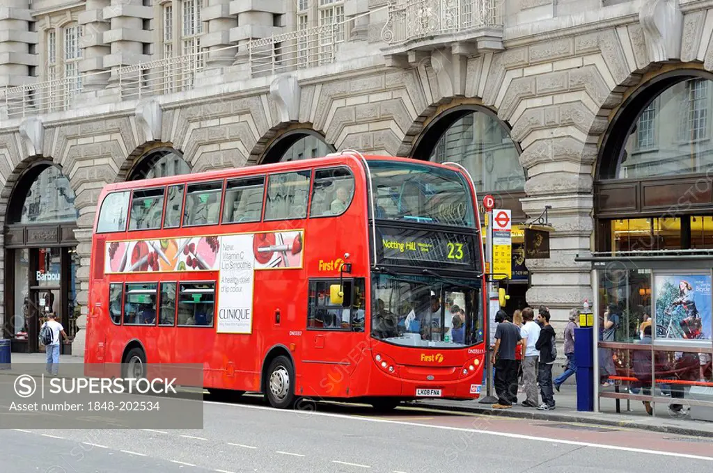 Modern double-decker bus, Routemaster, in London City, England, United Kingdom, Europe