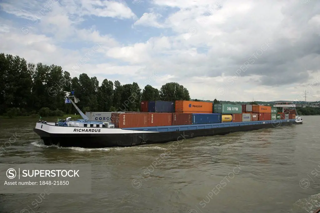 Container ship at the Rhine Rhineland-Palatinate Germany Europa