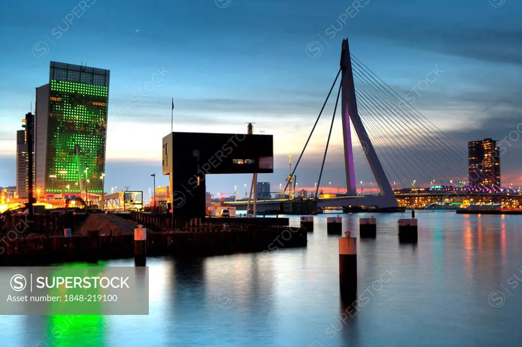 Erasmusbrug bridge over the Maas river with Telekom building to the left, Rotterdam, The Netherlands, Europe