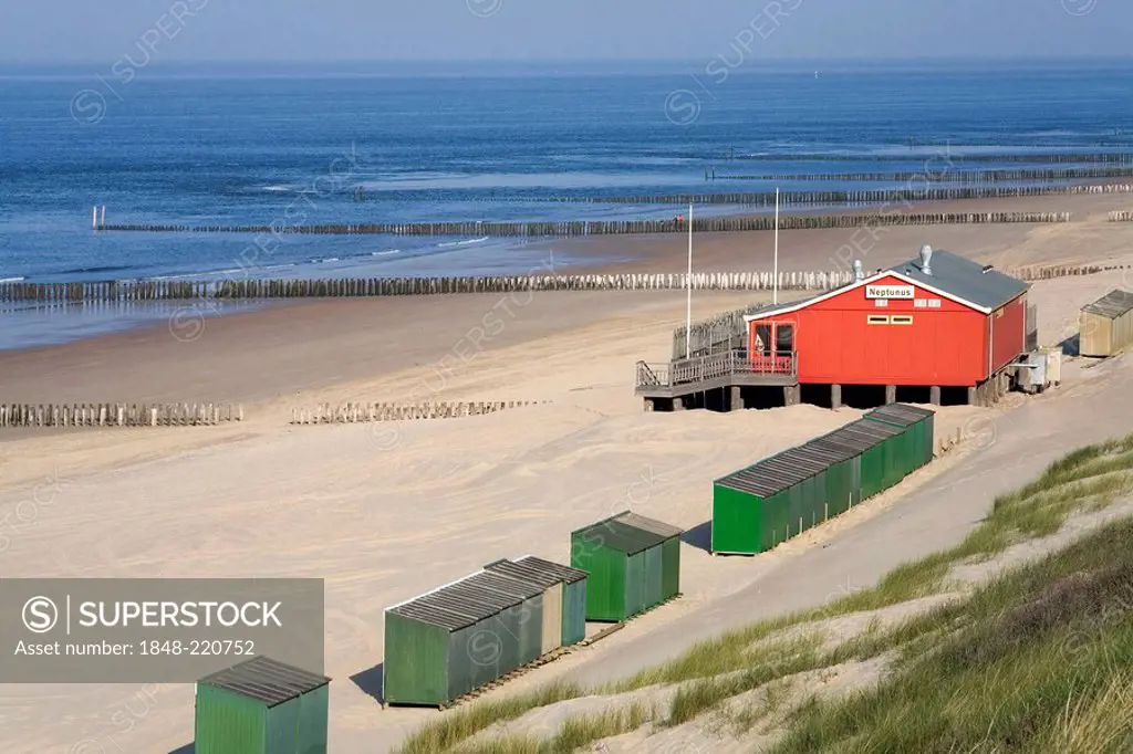 Empty beach with pavilion, North sea, Zoutelande, Zeeland, The Netherlands