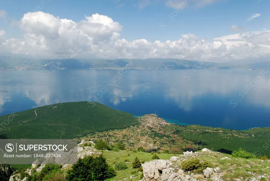 View from Galicica National Park to Lake Ohrid and the coast of Albania, UNESCO World Heritage Site, Macedonia, FYROM, Former Yugoslav Republic of Mac...