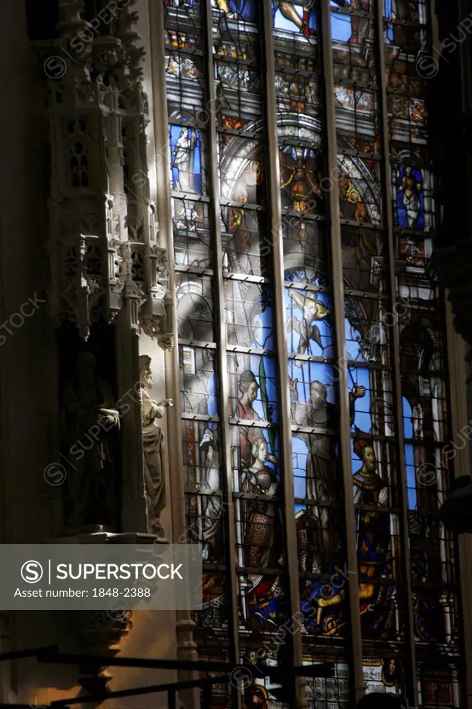 Church window, cathedral in Brussels, Belgium, Europe