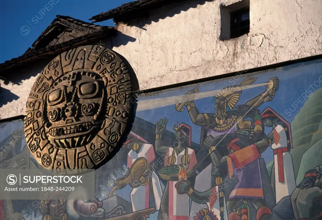 Symbol of the Sun as the supreme deity of the Incas, Cusco, Peru, South America