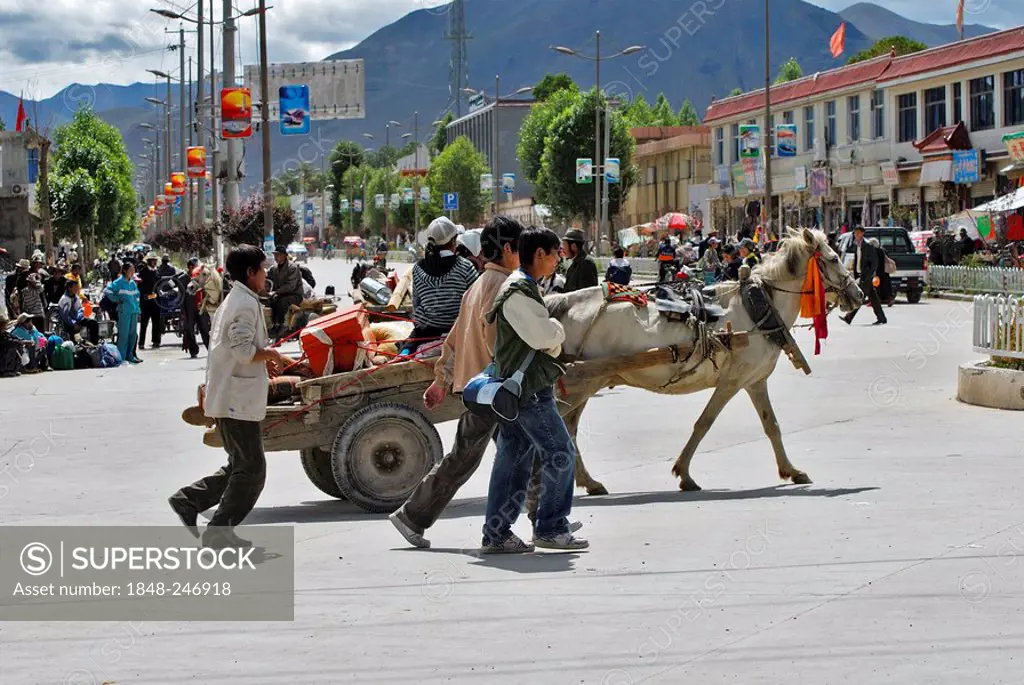 Streets scene with cart behind thin horse, Gyantse, Tibet