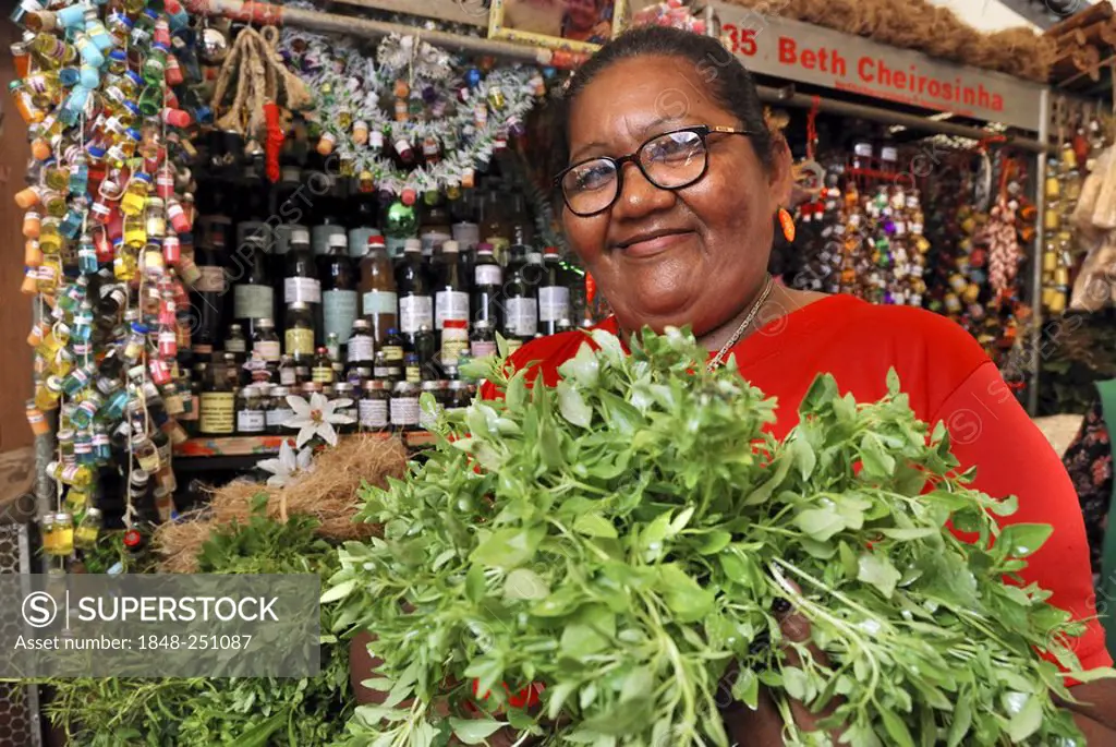 Witch woman selling herbs of the Amazon rainforest at Ver-O-Peso market, Belem, Para, Brazil
