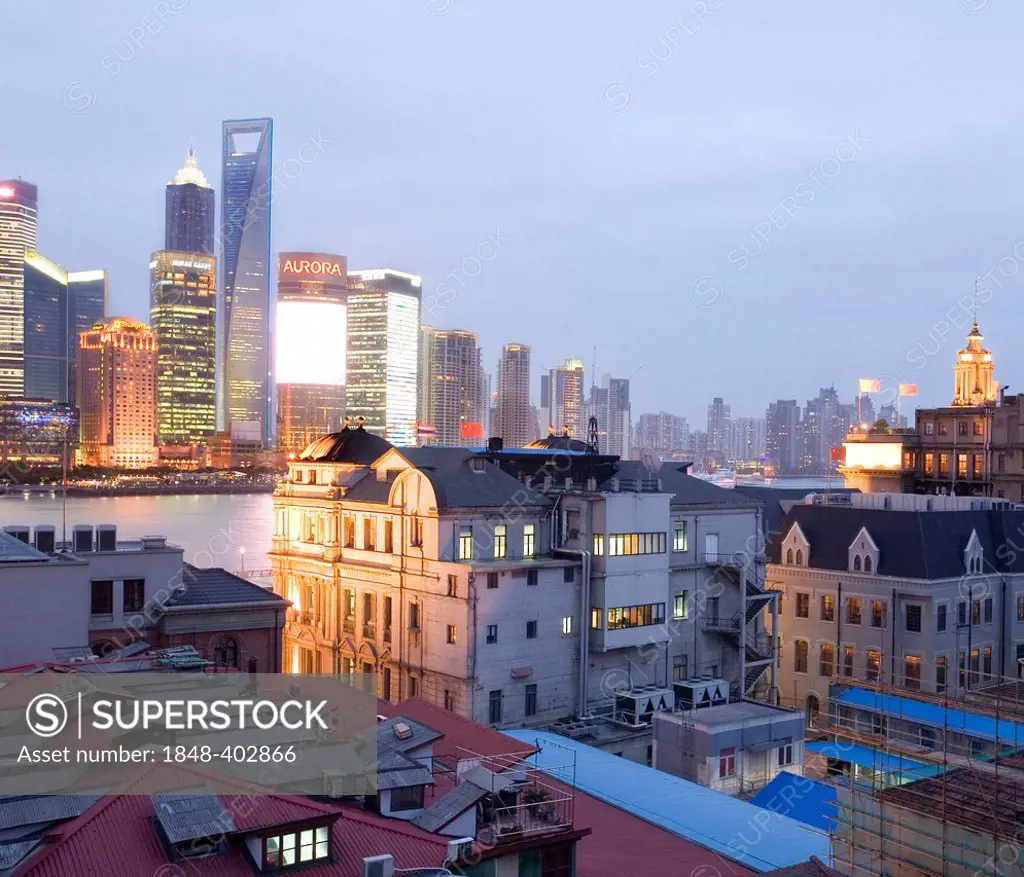 Shanghai skyline, Pudong financial district, Jin Mao Tower, SWFC, Huangpu River, Puxi, Shanghai, China, Asia